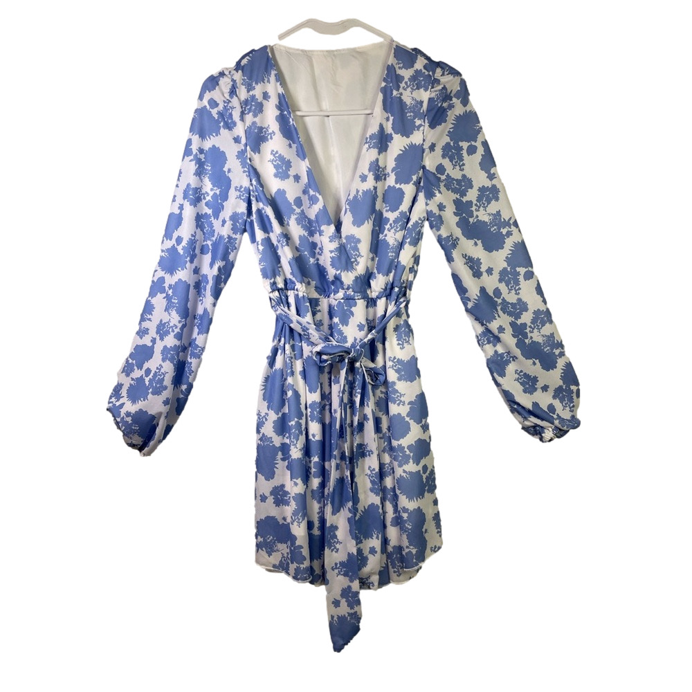 V Neck Layered Blue/White Floral Mini Dress Size Small